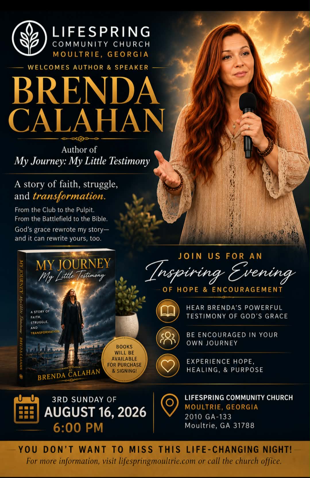 Event flyer for Brenda Calahan at Lifespring Community Church